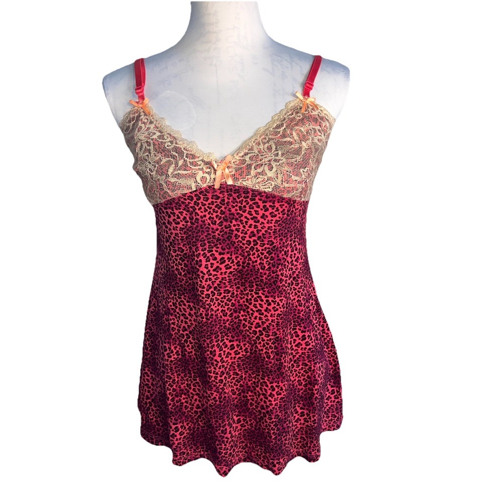 Native Intimates Embroidered Lace Hot Pink Leopard Print Satin Bow Camisole‎